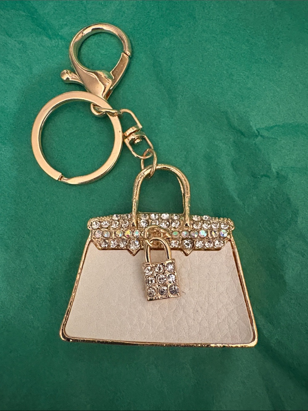 Gold and Cream Crystal Accent Handbag Keychain by